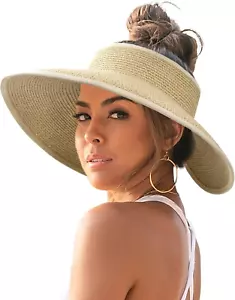 Sun Visor Hats for Women Wide Brim Straw Ponytail Summer Beach Hat UV UPF Packab - Picture 1 of 12