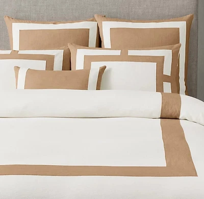 FUNDA NÓRDICA Reina Completa LINO Blanco y Camel Enmarcada Hardware Restauración Derecha Foto 1 de 4