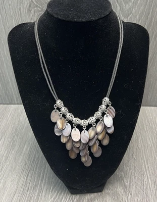 Lia Sophia Necklace Womens Gray Cord Shell Disc Bib Statement Silver Tone - Image 1 of 4