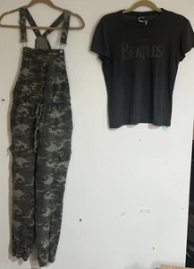 ALMOST FAMOUS Junior’s Cargo Overalls XL & The Beatles Tshirt XL - Picture 1 of 5