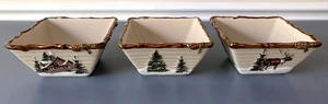 3 St. Nicholas Square Snow Valley Soup Cereal Bowls 6" Square Cabin Reindeer - Picture 1 of 6