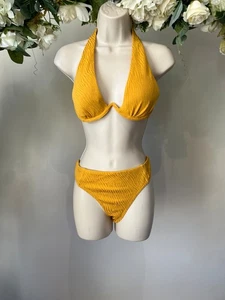 TED BAKER Bikini Set TB 2 UK 10 Mustard Jacquard Bikini Underwired Halter Top - Picture 1 of 23