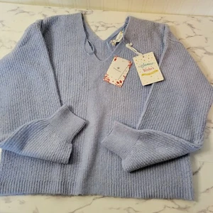 Pink Rose Sweater Women's M Blue Luxe V Neck Long Sleeve - Picture 1 of 7