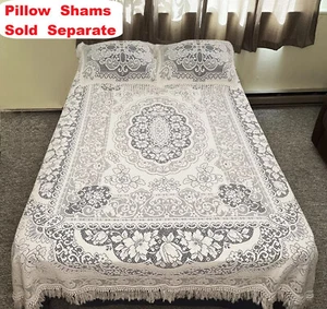 Somerset Rose Full/Queen Fringe Lace Coverlet 82" x 94" White Cotton Blend - Picture 1 of 16