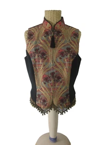 Gilet vintage TAPP New York donna M nero oro rosso asiatico iris floreale zip pizzo perline - Foto 1 di 14