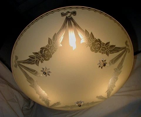 Vtg Antique Art Deco Chandelier Yellow Glass Bowl 3 chain Shade Light Fixture Cover