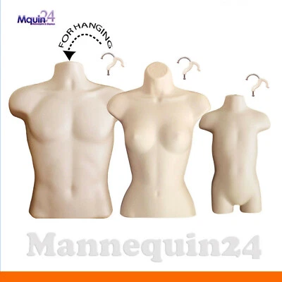 MALE FEMALE TODDLER TORSO MANNEQUIN SET - 3 FLESH HANGING DRESS FORMS - Image 1 of 4