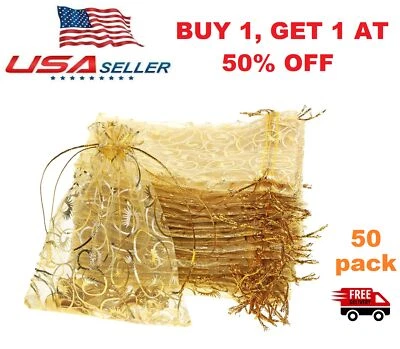 50x Bolsas transparentes de organza dorada para regalo de fiesta de boda joyas dulces de Navidad EE. UU. Foto 1 de 4