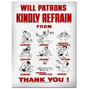 WILL PATRONS KINDLY REFRAIN FROM OLD SWIMMING BATHS PUBLIC SAFETY SIGN - Picture 1 of 1
