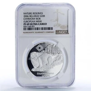 Belarus 20 roubles Chervony Bor Mink Nature Reserves Fauna PF69 NGC Ag coin 2006 - Picture 1 of 2