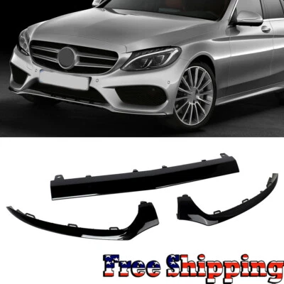 For Mercedes-Benz W205 Sport 15-18 Glossy Black 3X Front Bumper Lip Trim Molding - Изображение 1 из 4
