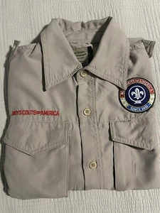 Boy Scouts Of America Youth L Uniform Vented Shirt Tan Poly Microfiber BSA - Picture 1 of 8
