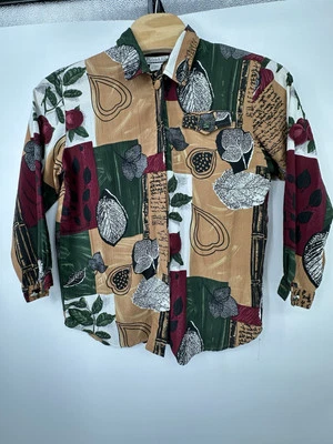 Camisa vintage Christie & Jill M para mujer colorida abstracta con botones arte para usar Foto 1 de 4