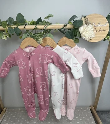 NEXT Baby Girls Set Of 3 Preloved Teddy Bear Zip Up Sleepsuits First Size - Image 1 of 2