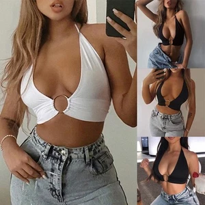 Sexy Women Y2K Ring Halter Neck Vest Crop Top Bralet Leopard Bandage Club Tops - Picture 1 of 42