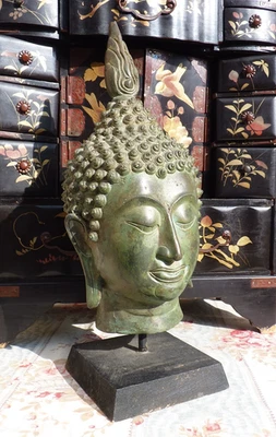 ART D'ASIE, ANCIENNE tête de BOUDDHA en BRONZE sur socle, Thaïlande - Photo 1/4