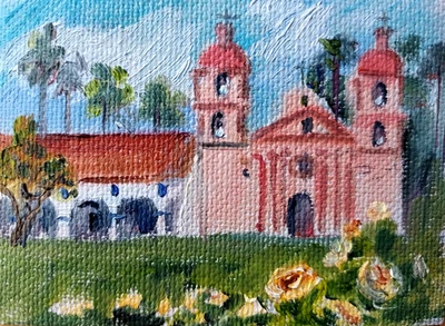 ACEO ORIGINAL oil painting  - Mission Santa Barbara - 2.5x3.5 in artist MK - image 1 of 2