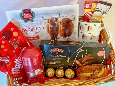 HANDCRAFTED Christmas Gift Hamper Basket Gift For Her Him Candle Mug Chocolate Shortbread