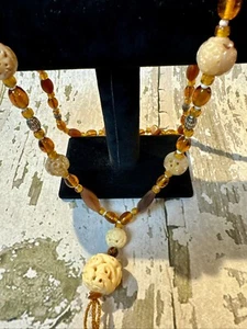 Vintage Art Deco Amber Tone Beaded Necklace And Hand Carved Off White Stones 21” - Picture 1 of 7