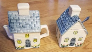 Vintage Oneida Stainless Flatware Porcelain Cream and Sugar Houses set. NM - Picture 1 of 9