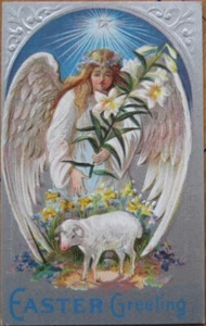 Easter 1910 Silver-Embossed Postcard: Angel & Lamb - Color Litho - Picture 1 of 1