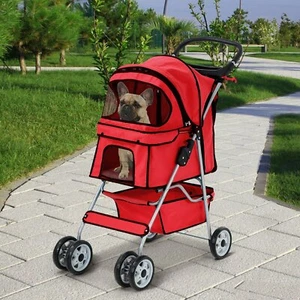 4 Wheels Pet Stroller Folding Cat Dog Cage Stroller Travel Carrier W/Cup Holder - Picture 1 of 12