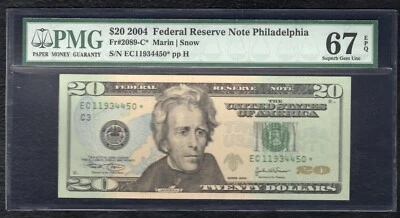 FR. 2089-C* 2004 $20 *STAR* FRN PHILADELPHIA, PA PMG GEM UNCIRCULATED-67EPQ (U) - Image 1 of 2
