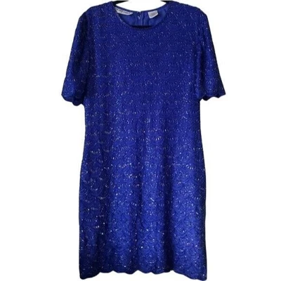 Vestido para mujer años 80 seda con cuentas festoneado hasta la rodilla talla 8 azul Foto 1 de 4