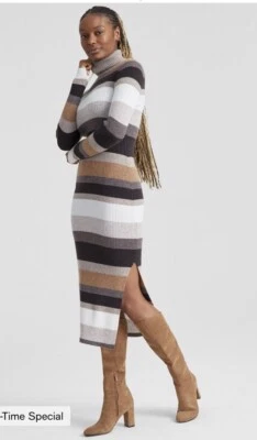 Nuevo con etiquetas Vestido midi Charter Club para mujer cachemir a rayas cuello alto, talla M Foto 1 de 4