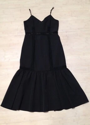 New AQUA Black Lace Inset Eyelet Midi Flounce Ruffle Hem Dress Crochet Inlay M - Image 1 of 4