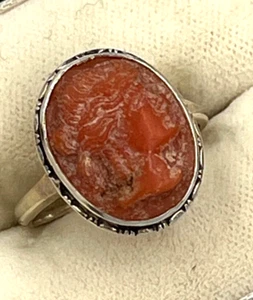 Antique Victorian Carved Coral Cameo Ring Silver Hallmarked Size Q - Picture 1 of 15