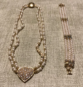 Vintage 16” Gold Tone And Faux Pearl Choker W/ Matching 7” Bracelet - Picture 1 of 4