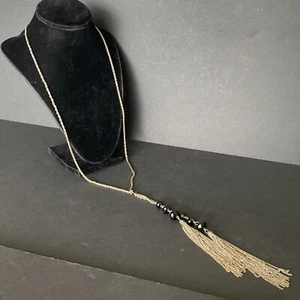 Vintage Silver Toned Chain Black Faceted Beads Statement Necklace 2 Tassels 33" - Picture 1 of 9