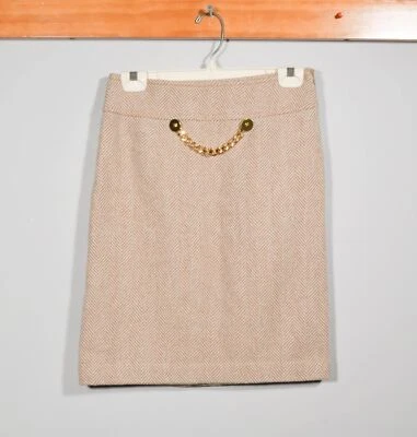 Skirtin Around Wool Beige Herringbone Gold Chain Knee Length Pencil Skirt Sz 2 - Image 1 of 3