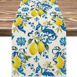 NEW long 13"x48"blue/yellow Retro style Lemon floral linen table runner - Picture 1 of 1