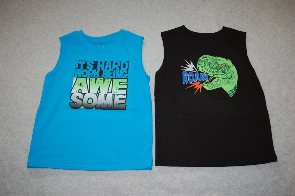 LOTE DE 2 CAMISETAS MUSCULOSAS Turquesa Negro DINOSAURIO T-REX Impresionante 2T para niños pequeños Foto 1 de 1
