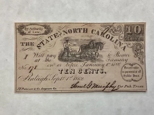 ~1862 State of North Carolina 10 Cents Civil War Confederate Banknote UNC CR 114 - Picture 1 of 3