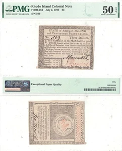 7/2/1780 Three Dollars Rhode Island Fr RI-284 PMG AU-50 EPQ - Picture 1 of 3