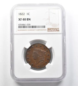 1822 Coronet Head Large Cent XF40 BN NGC *3462 - Picture 1 of 3