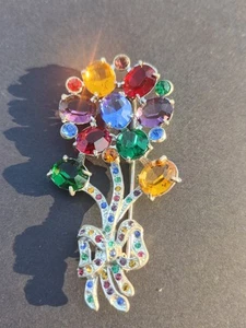 Vintage Multi-Color Glass Rhinestone Flower Brooch Pin 3", Circus Tutti Frutti - Picture 1 of 18