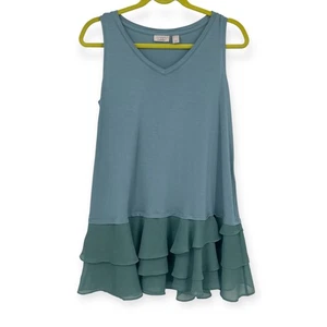LOGO Lagenlook Dusty Blue Tank Top Plissee Rüschen Fee Stretch Lori Goldstein M - Bild 1 von 9