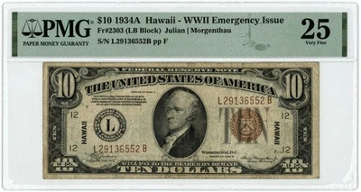 FR. 2303 LB Block $10 1934A Hawaii WWII Emergency Issue FRN VF25 PMG 950332-11 - Image 1 of 3