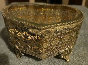 Vintage Herzform Ormolu Messing abgeschrägtes Glas Schmuck Schmuckkästchen Gold Filz - Bild 1 von 5