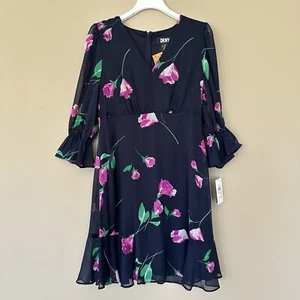 NWT DKNY Women 10 Floral Ruffle Dress Fairy Sheer Sleeve $129 Navy Blue Purple - Picture 1 of 12