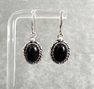 Vintage Pawn Onyx Earrings Sterling Silver Raindrops Rope Edge Navajo - Picture 1 of 11