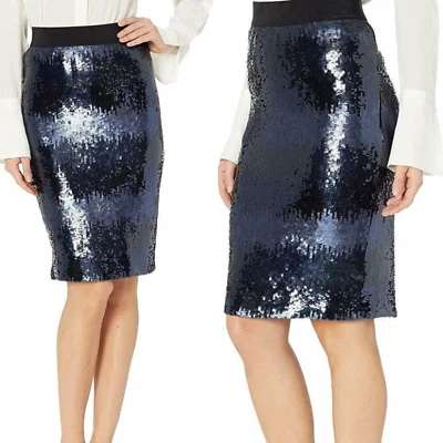 Saia lápis elástica VINCE CAMUTO ombre lantejoulas azul safira brilho tamanho 10 nova - Imagem 1 de 4