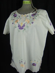 Vtg 70s White Pink Mexican Floral Embroidery Top-Bust 46/M-L - Picture 1 of 8