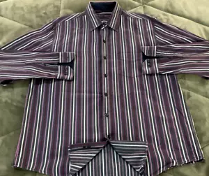 Tasso Elba Multi-Color Purple Pink Striped L/S Shirt Mens Large 16-16.5 Cotton - Picture 1 of 11