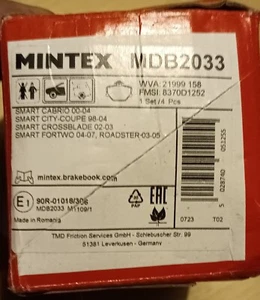 For Smart Fortwo 451 1.0 New Mintex Front Disc Brake Pads Set - Picture 1 of 1