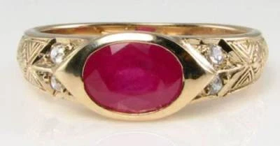 DIVINE 9K 9CT GOLD INDIAN RUBY DIAMOND ART DECO INS SIGNET RING FREE RESIZE - Image 1 of 4